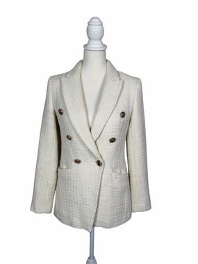 H&M Cream Tweed Blazer Double Breasted Gold Button Jacket Textured Chic XS